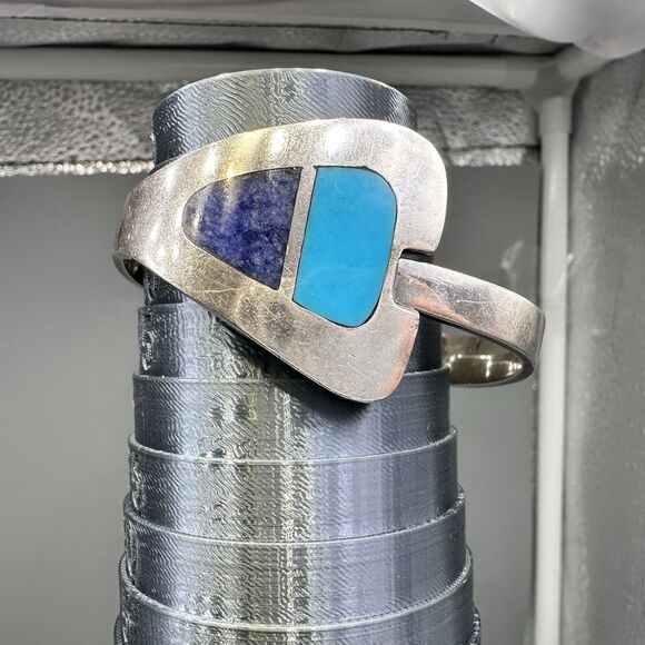 Heavy Sterling Silver Clamper Bracelet W Stone Inlay Mexico 7” 59g
